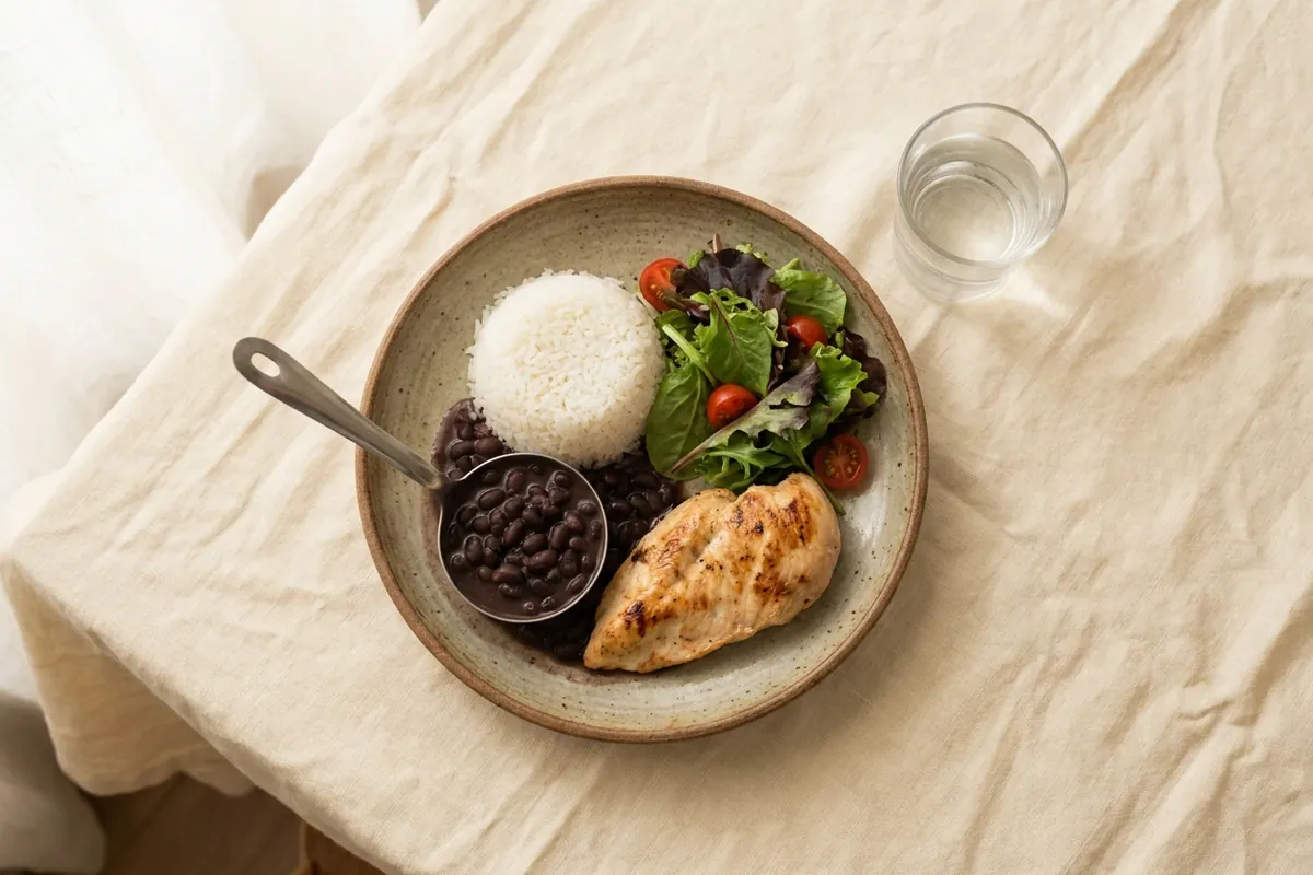 Prato de arroz, feijão, frango grelhado e salada sobre mesa de linho claro, com um copo de água ao lado