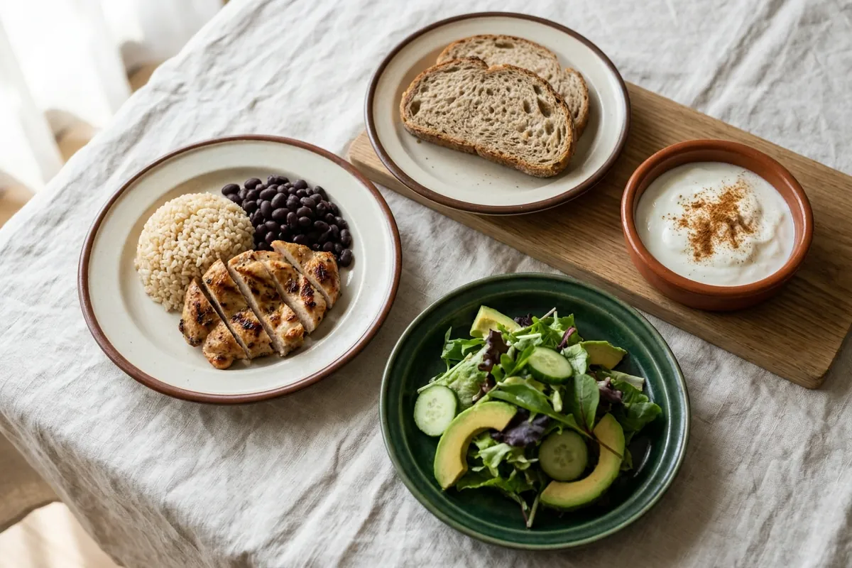 Arroz integral, feijão preto, frango grelhado, salada verde, pão integral e iogurte com canela