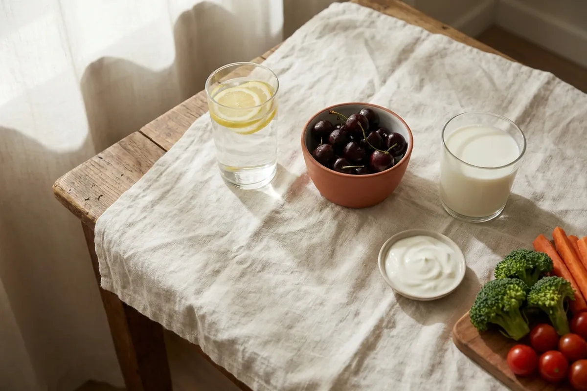 Copo de água com limão, cerejas, leite desnatado, iogurte natural e legumes frescos