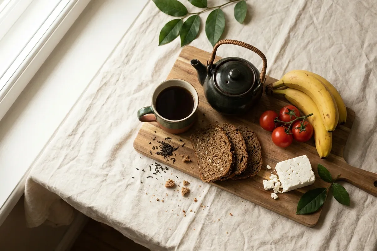 Xícara de café preto, bule de chá, pão integral, bananas, tomates e queijo branco