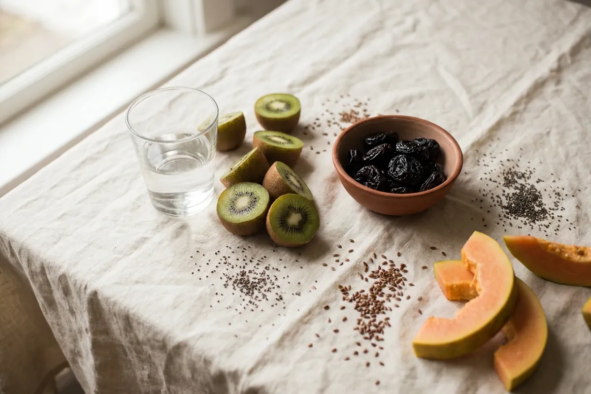 Copo de água, kiwis cortados, ameixas, sementes de chia, linhaça e fatias de mamão