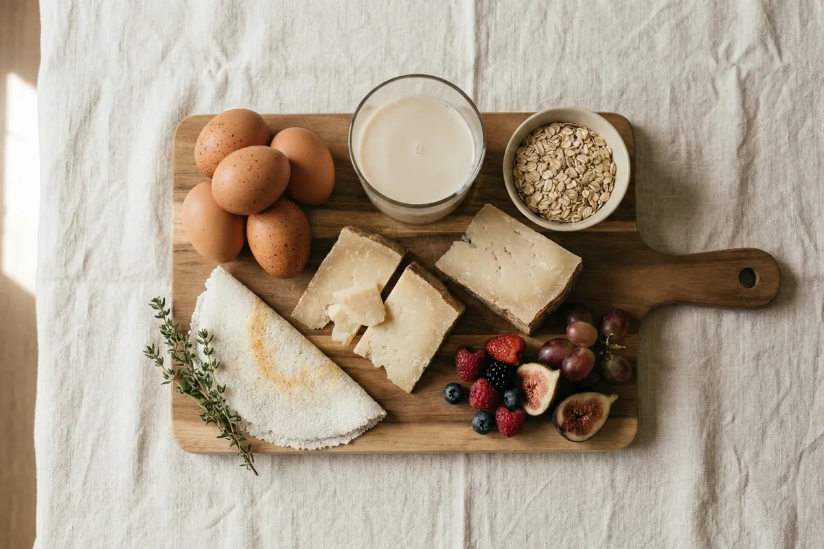 Ovos, queijos curados, copo de bebida vegetal, aveia, tapioca e frutas frescas