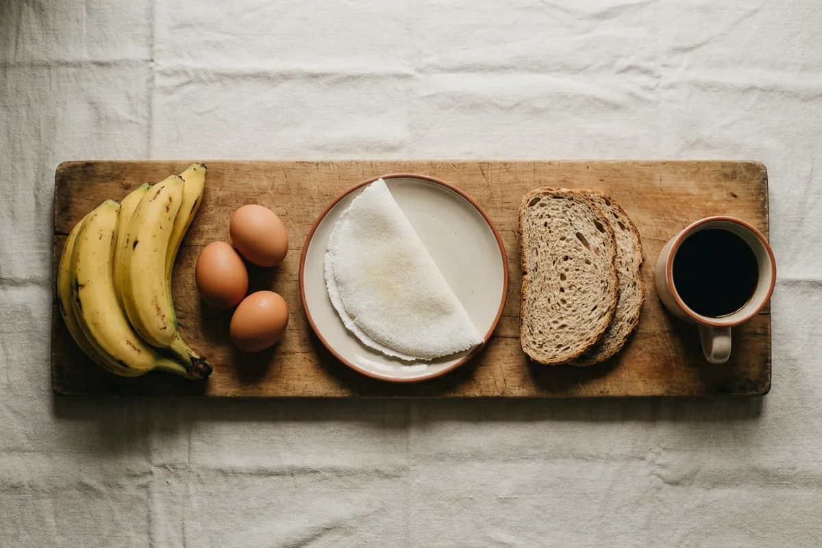 Tábua com bananas, ovos, tapioca, pão integral e uma xícara de café preto